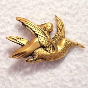 Fairy Riding Hummingbird Brooch Pin Goldtone Mythical Magical Ethereal Enchanted